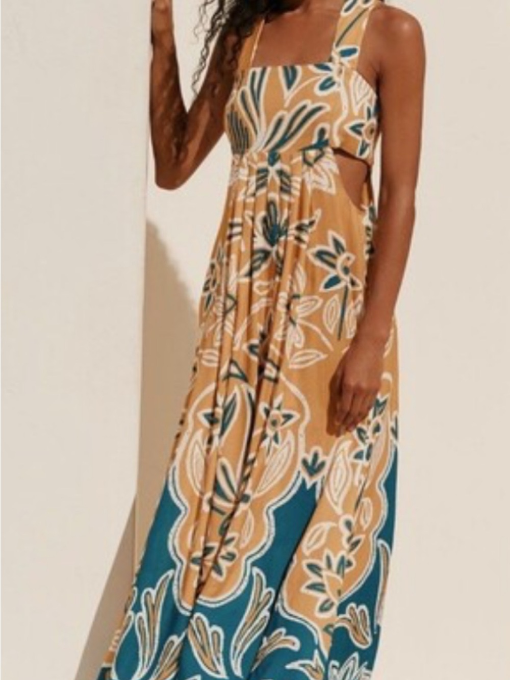 Sleeveless Floral Maxi Dress in Mustard & Teal